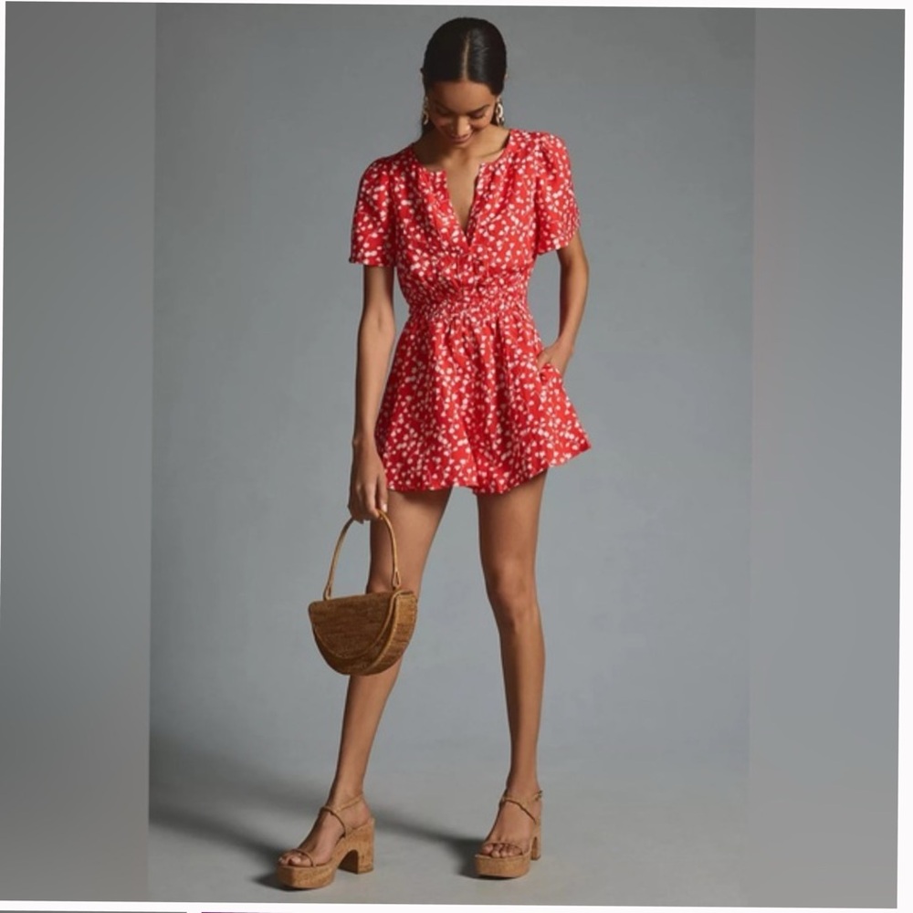 Anthropologie Somerset Red Floral Romper Linen Edition NWT [2050]